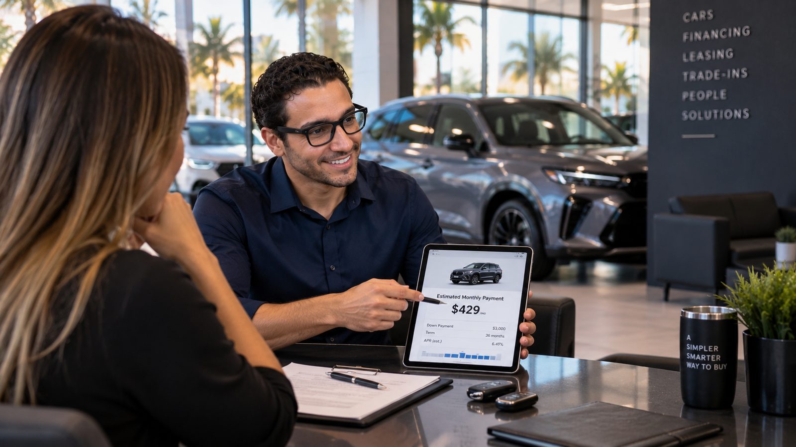 A Same Day Auto Group specialist reviewing payment estimates with a customer on a tablet.