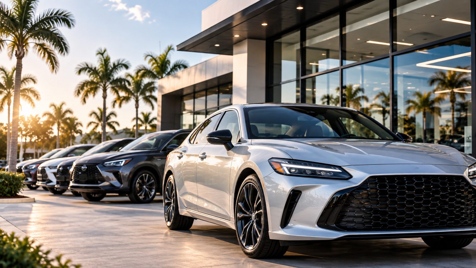New vehicles displayed outside a modern dealership showroom at sunset.