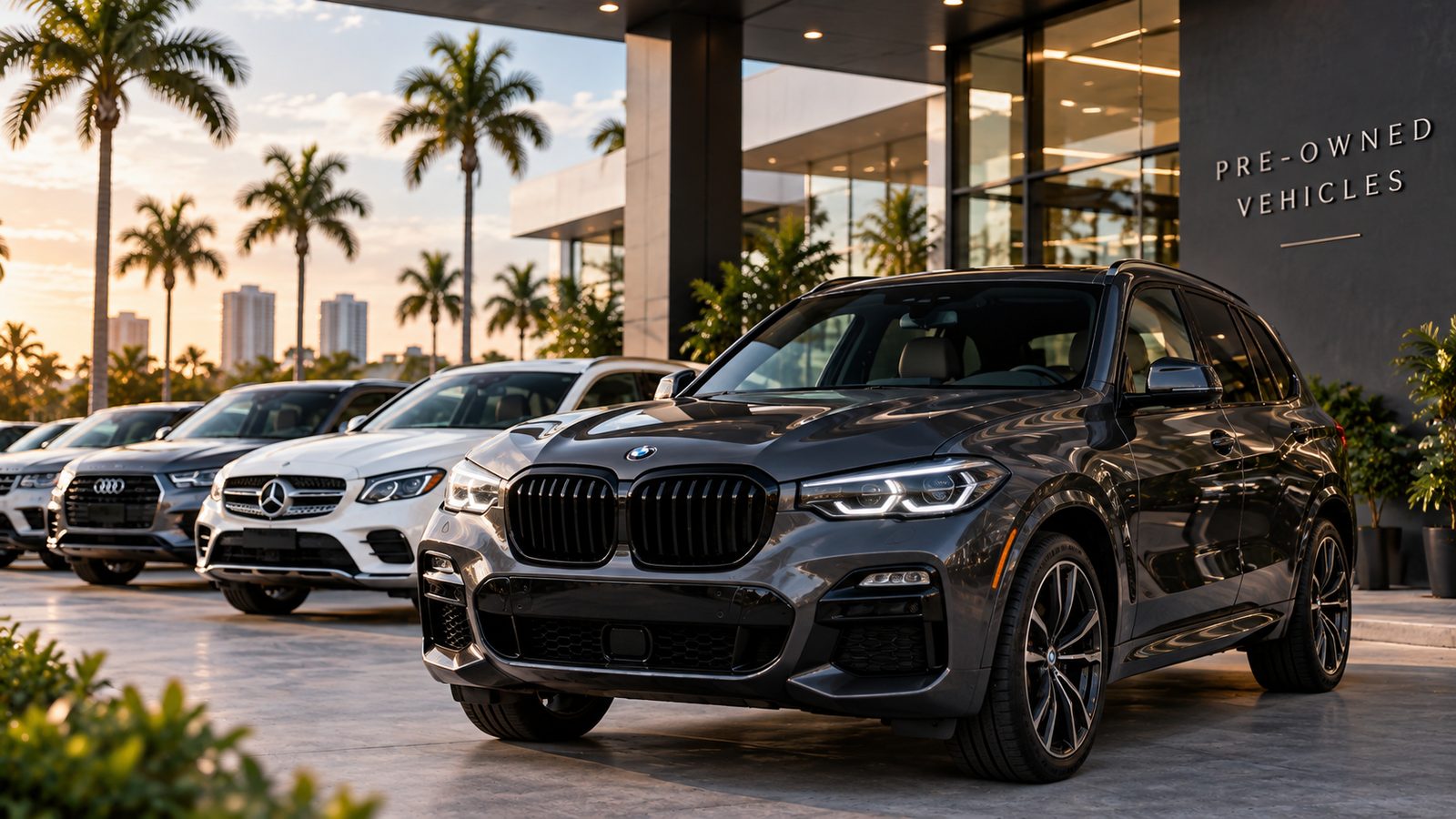 A row of quality pre-owned SUVs at a premium pre-owned vehicle showroom.